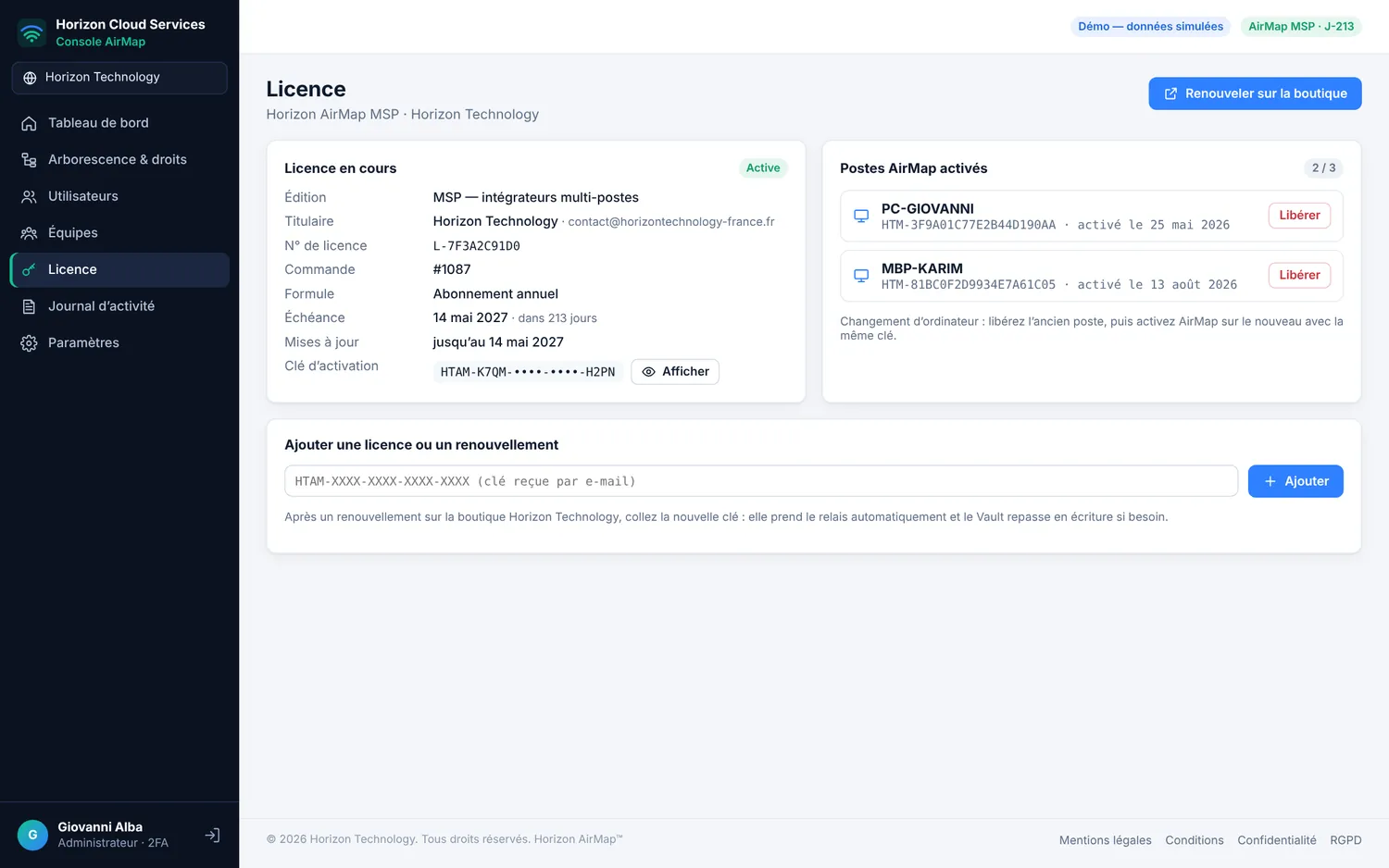 Console HCS : licence MSP, échéance, postes activés et renouvellement
