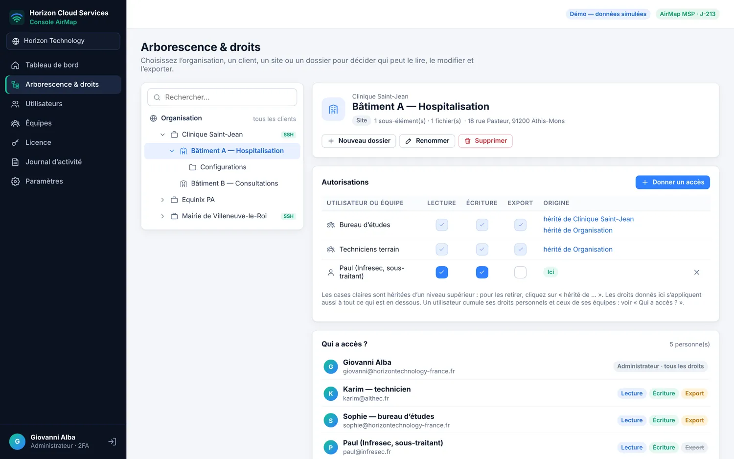 Console HCS : droits Lecture, Écriture et Export par utilisateur et équipe sur un site, avec héritage