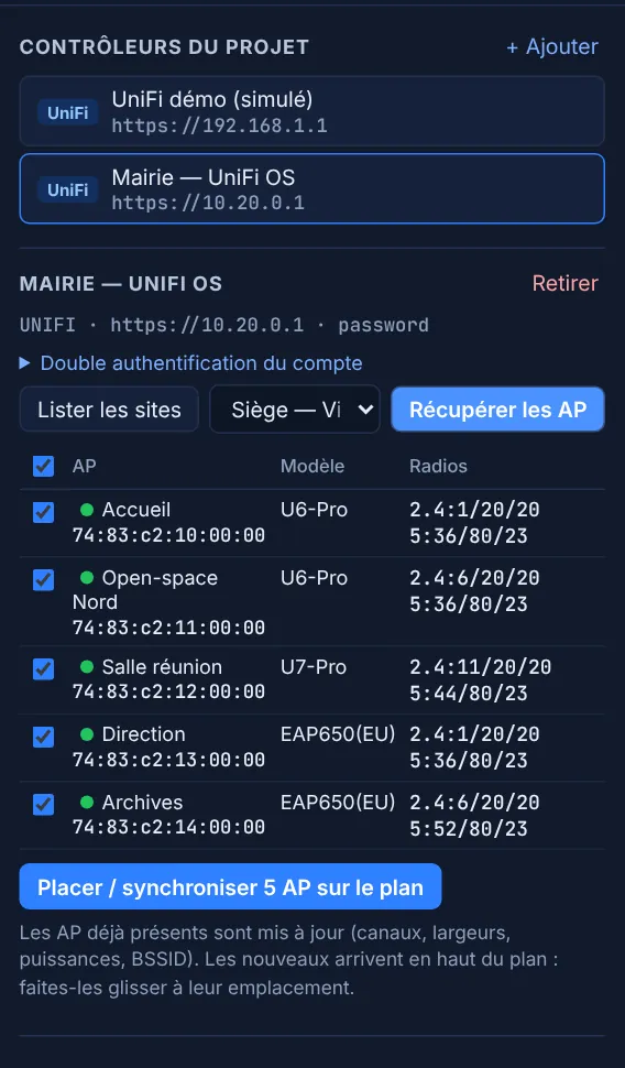 Panneau Contrôleurs : connexion UniFi OS et liste des cinq bornes récupérées avec leurs radios