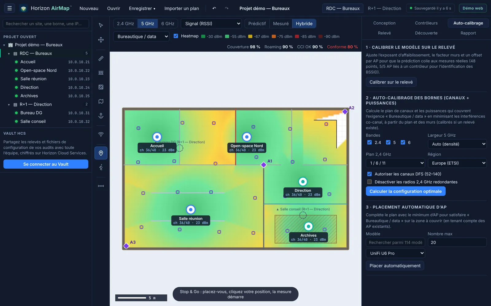 Horizon AirMap : carte de couverture 5 GHz hybride d'un plateau de bureaux avec cinq bornes UniFi et Omada et les points de relevé