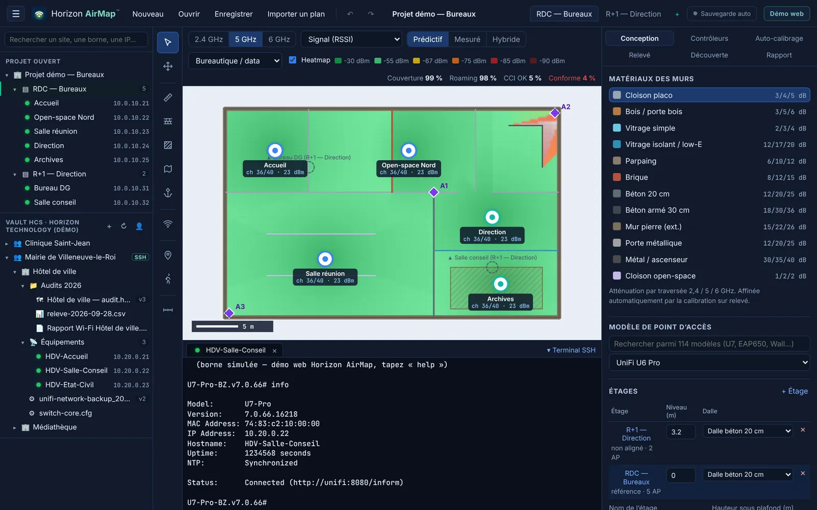 AirMap MSP : arborescence Clients, Sites, Équipements du Vault à gauche et terminal SSH ouvert sur une borne UniFi
